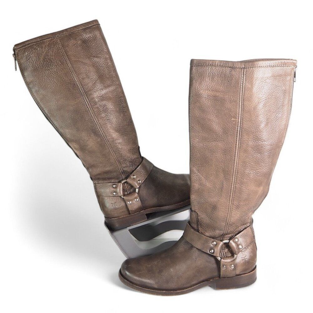Frye Philip Harness Mid-Calf Leather Boots Brownish Grey 3476849-GRY Women's 6.5